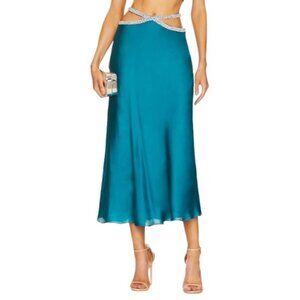 Yaura Fife Satin Crystal Waist Cut out Skirt in Blue XSmall New Womens Midi